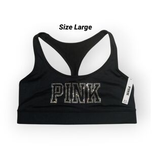 VS PINK Black Silver Sparkly Bling Logo Relay Racerback Sports Bra Large NEW
